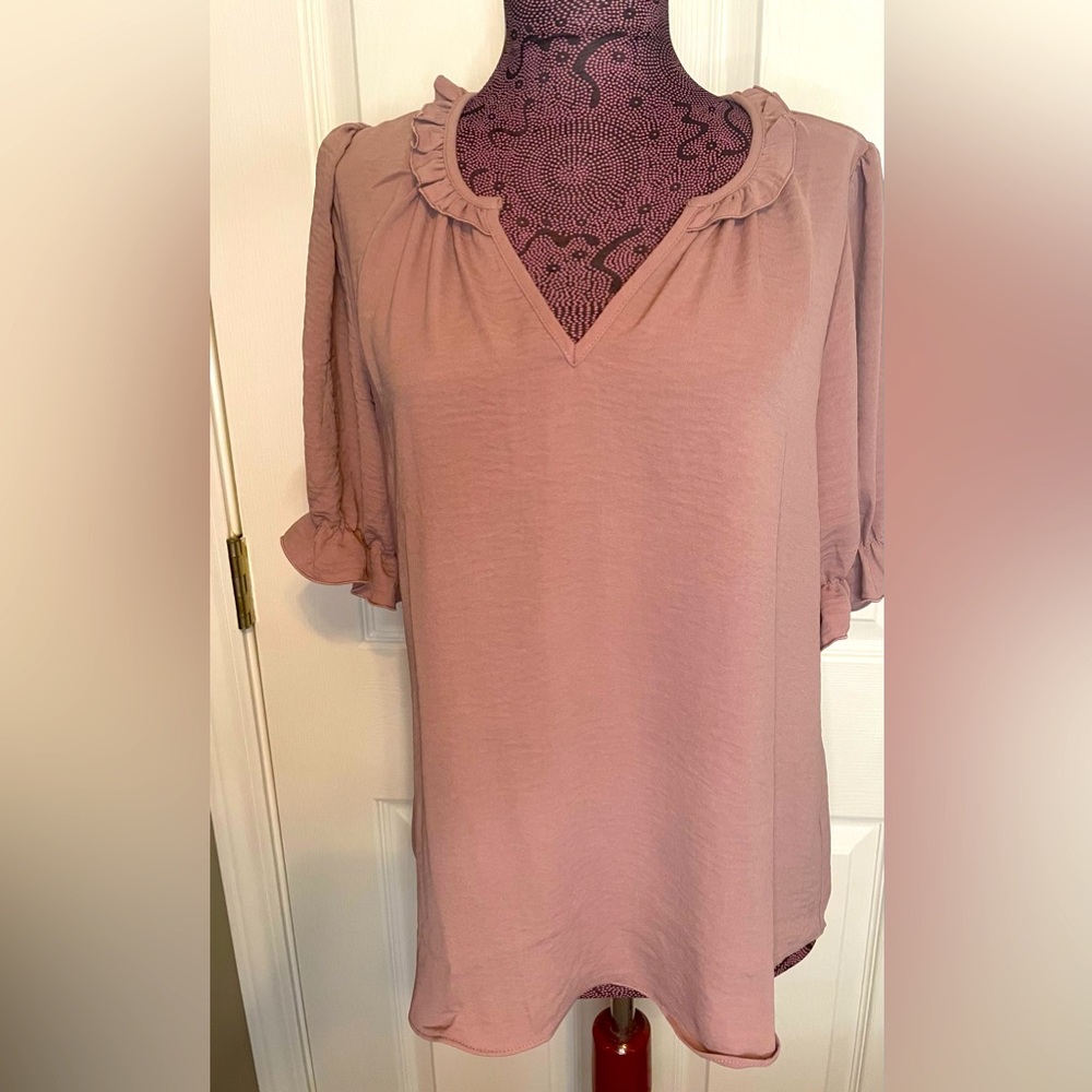 Women's Dusty Rose Ruffle V-Neck Blouse